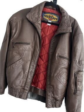 Vintage 80s Weekends Brown Leather Bomber-Jacket Quilted Lined Distressed Retro